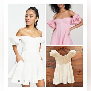 Bardot Strapless Linen Off Shoulder White Mini Dress with Ruffle Rosette